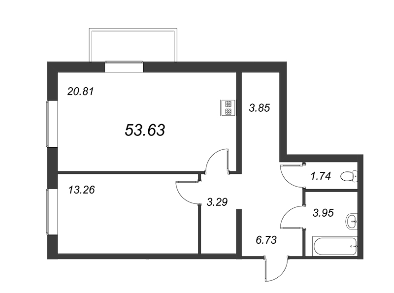 1-комнатная квартира, 53.63 м² - планировка, фото №1
