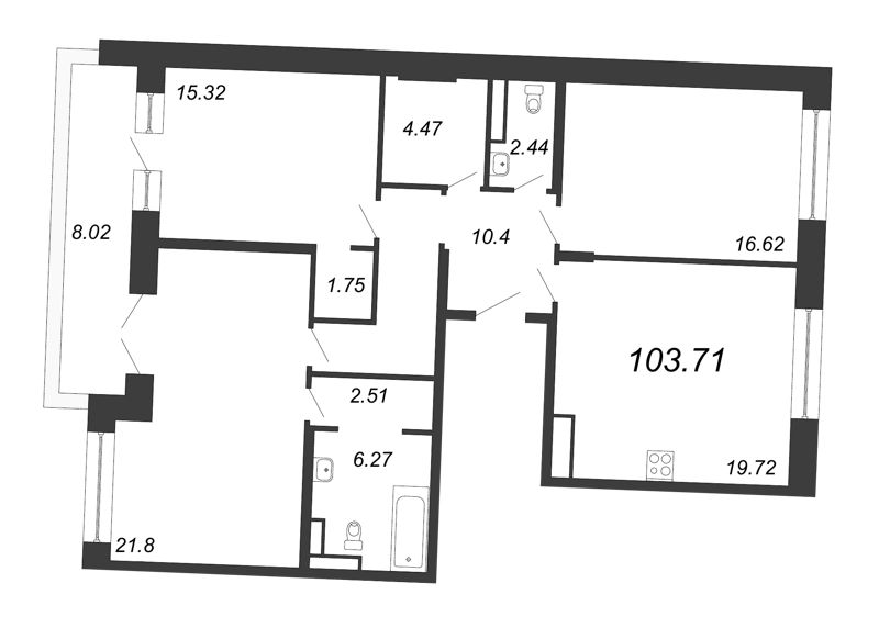 4-комнатная (Евро) квартира, 103.71 м² - планировка, фото №1
