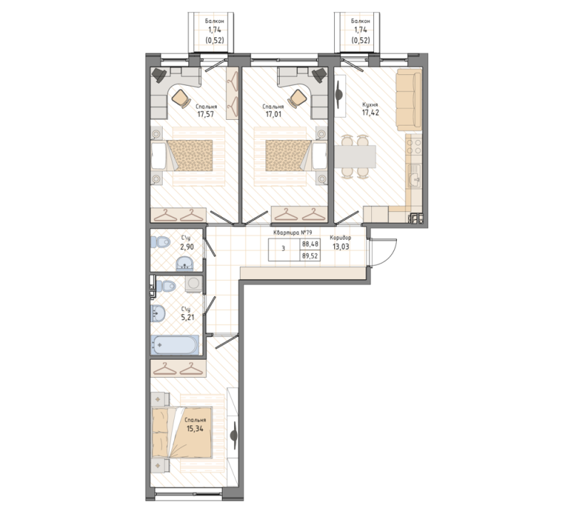 3-комнатная квартира, 89.7 м² в ЖК "Мануфактура James Beck" - планировка, фото №1
