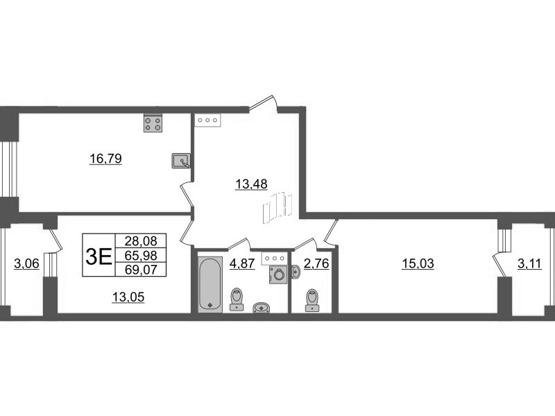 3-комнатная (Евро) квартира, 69.07 м² в ЖК "Аквилон Leaves" - планировка, фото №1
