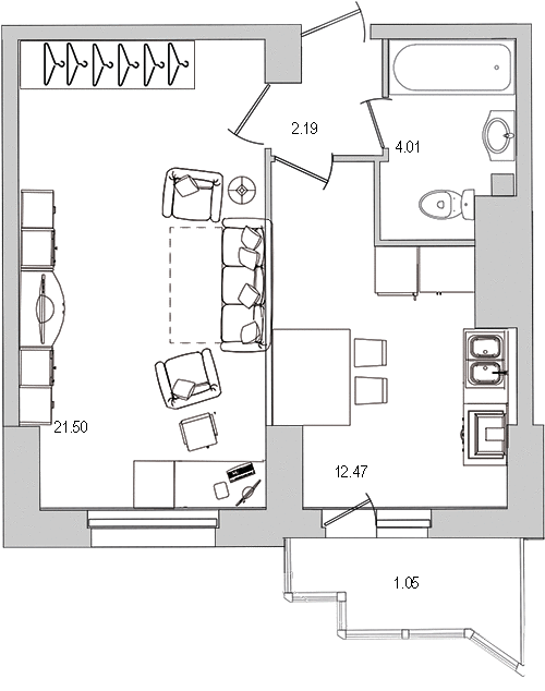 1-комнатная квартира, 43.7 м² в ЖК "Шекспир" - планировка, фото №1