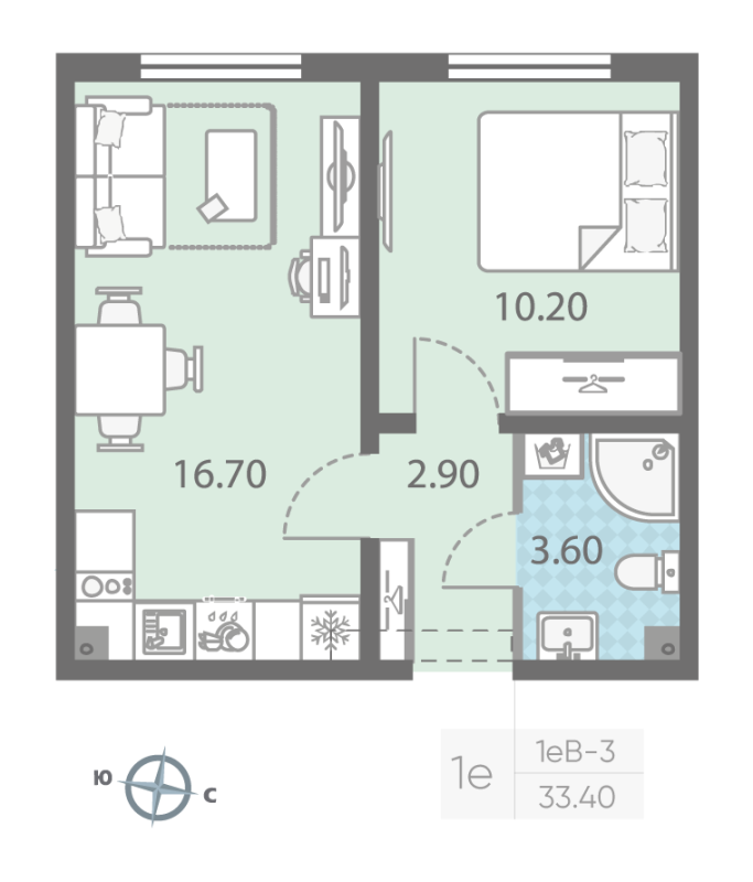 2-комнатная (Евро) квартира, 33.4 м² - планировка, фото №1