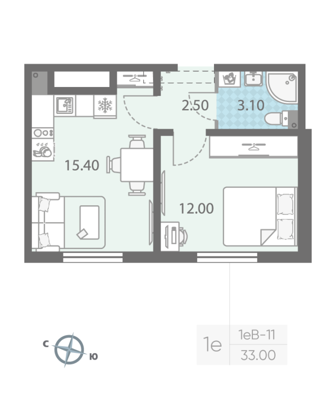 1-комнатная квартира, 33 м² - планировка, фото №1