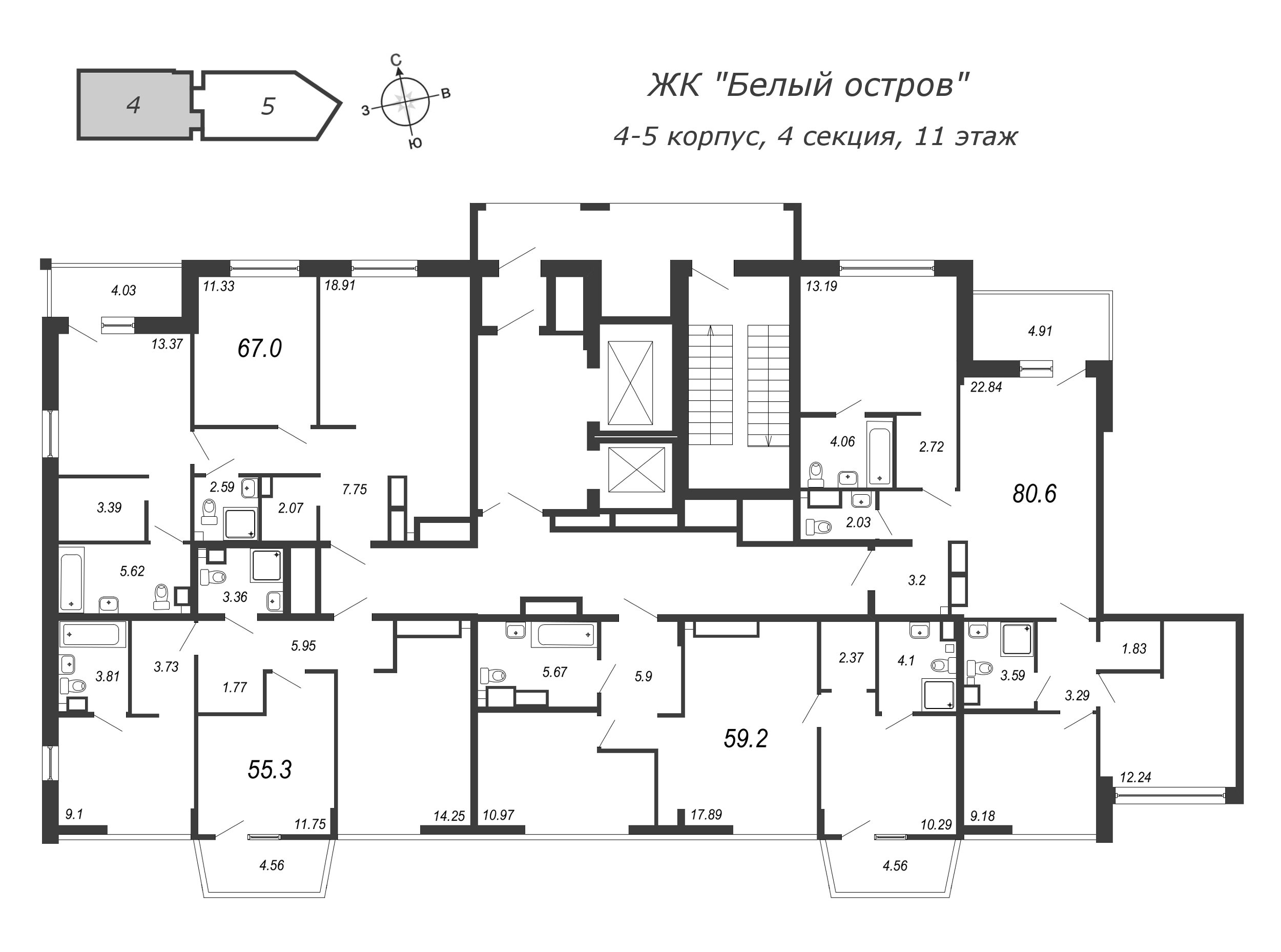 4-комнатная (Евро) квартира, 83 м² в ЖК "Белый остров" - планировка этажа