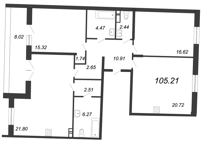 3-комнатная квартира, 105.21 м² - планировка, фото №1