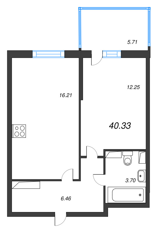 2-комнатная (Евро) квартира, 40.33 м² в ЖК "Аквилон Stories" - планировка, фото №1