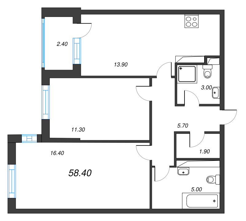 2-комнатная квартира, 58.4 м² в ЖК "Тайм Сквер" - планировка, фото №1