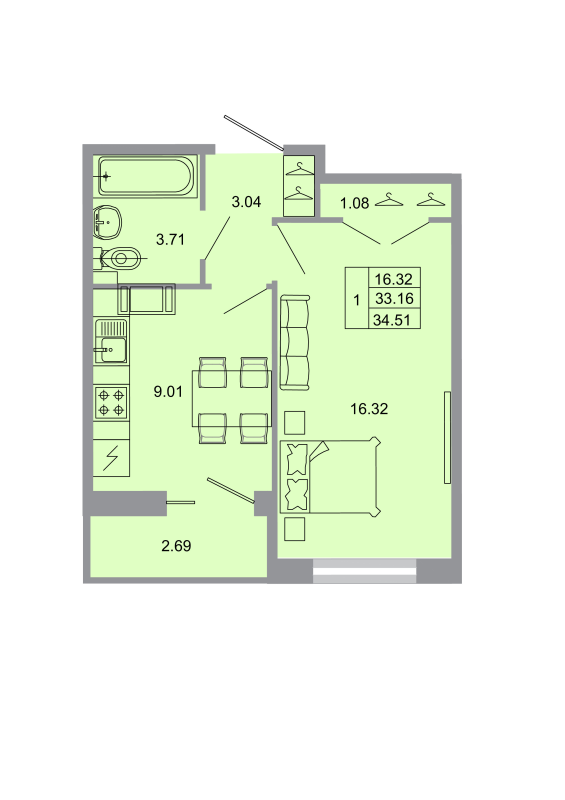 1-комнатная квартира, 33.7 м² в ЖК "Стороны света" - планировка, фото №1