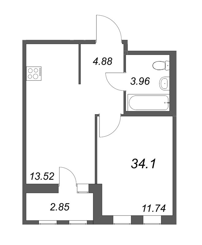 2-комнатная (Евро) квартира, 34.1 м² в ЖК "Мурино Space" - планировка, фото №1