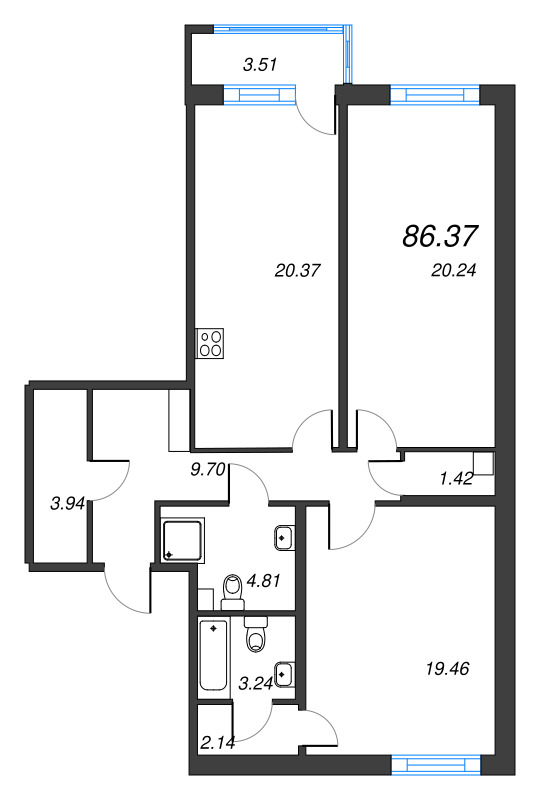 3-комнатная (Евро) квартира, 85.32 м² в ЖК "OKLA" - планировка, фото №1