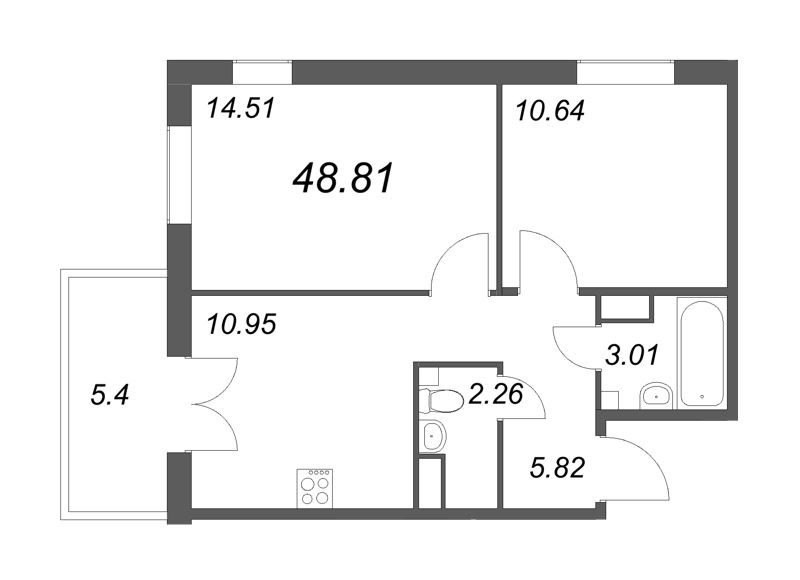 2-комнатная квартира, 49.01 м² - планировка, фото №1