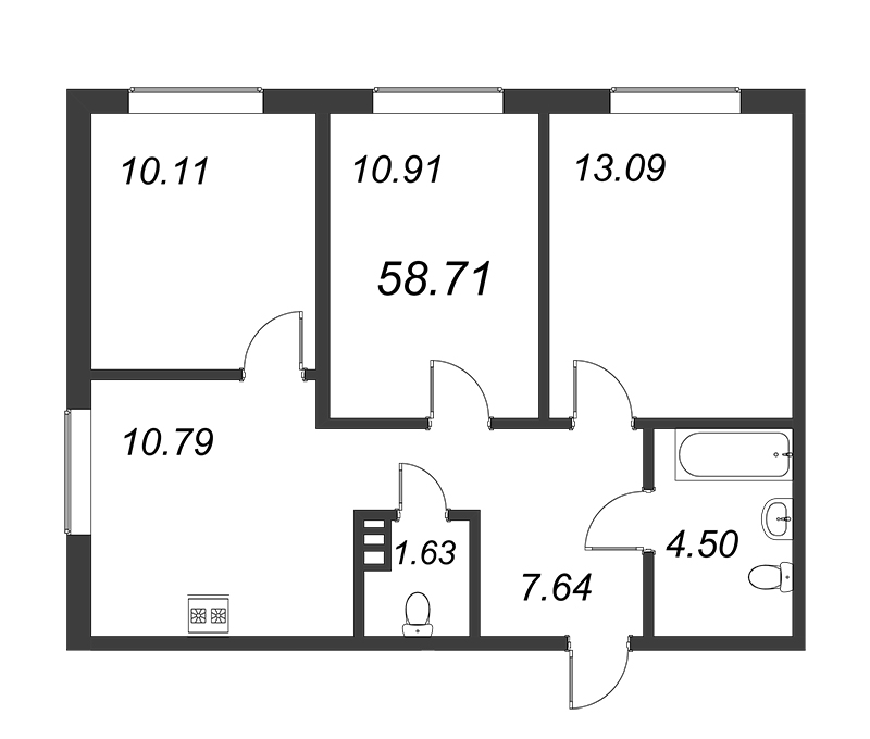 3-комнатная квартира, 58.71 м² в ЖК "Новые горизонты" - планировка, фото №1