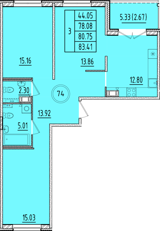 3-комнатная квартира, 78.08 м² в ЖК "Образцовый квартал 17" - планировка, фото №1