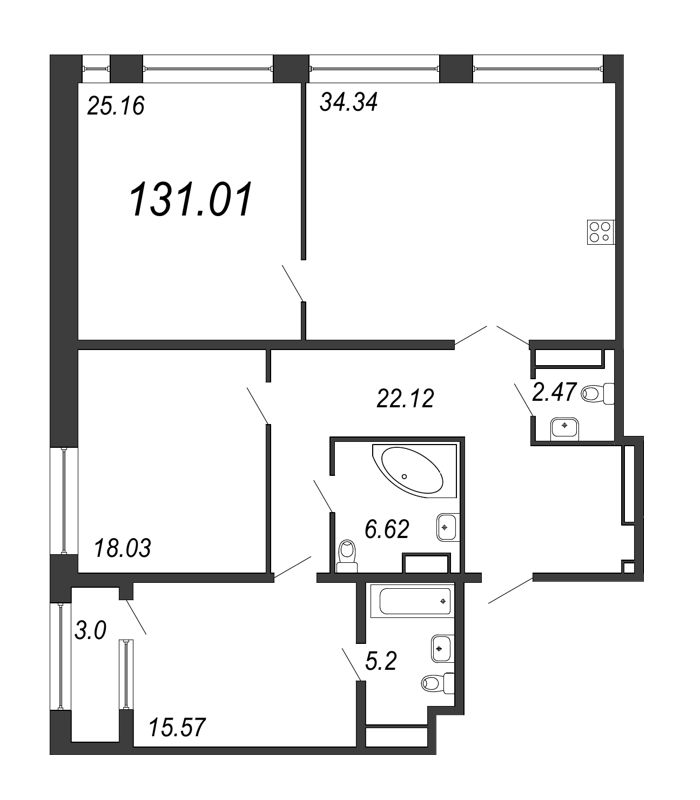 4-комнатная (Евро) квартира, 131.01 м² в ЖК "Дефанс Премиум" - планировка, фото №1