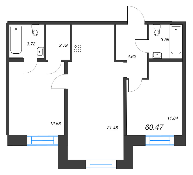3-комнатная (Евро) квартира, 60.47 м² в ЖК "Alpen" - планировка, фото №1