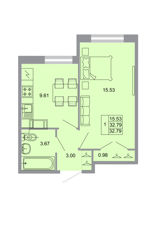 1-комнатная квартира, 32.2 м² в ЖК "Стороны света" - планировка, фото №1