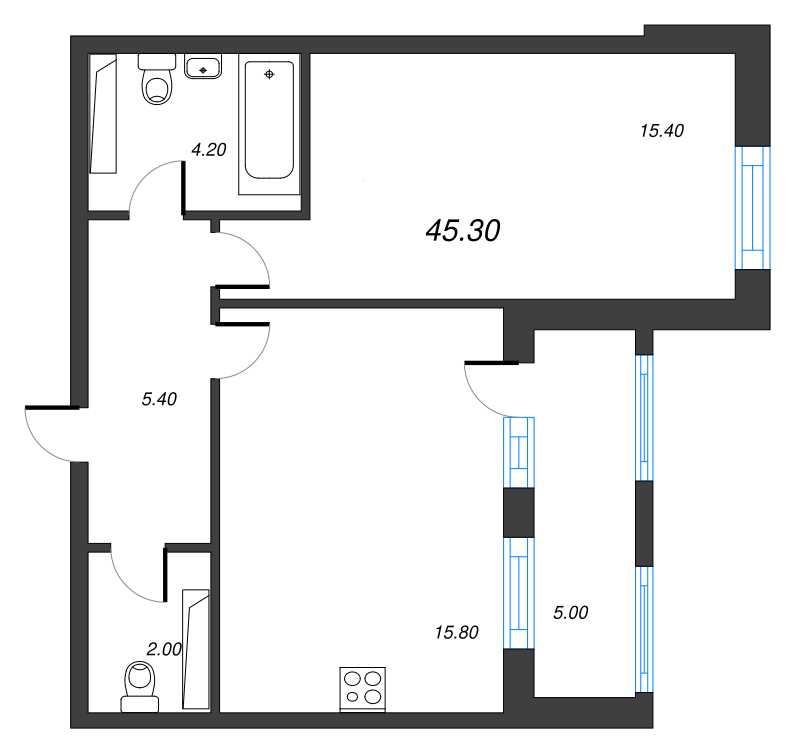 2-комнатная (Евро) квартира, 45.3 м² в ЖК "Тайм Сквер" - планировка, фото №1