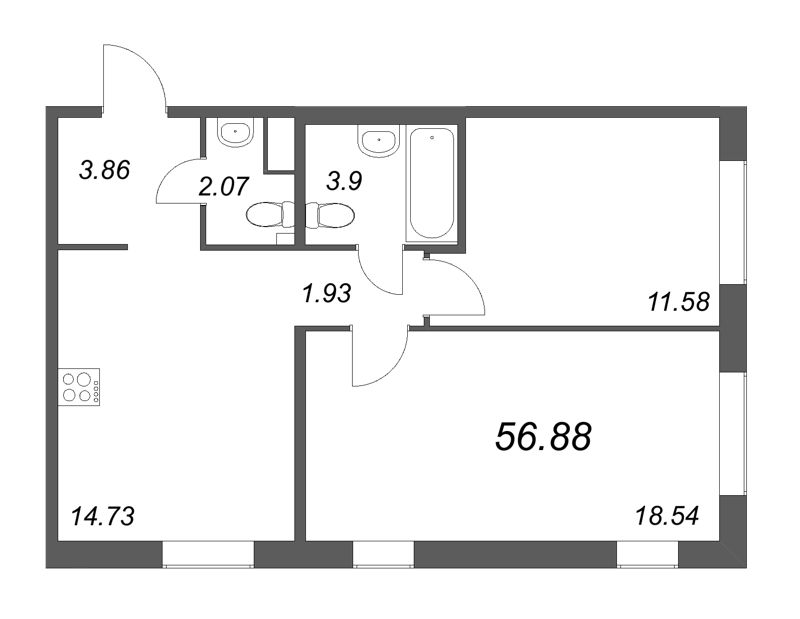 2-комнатная квартира, 56.88 м² в ЖК "IQ Гатчина" - планировка, фото №1
