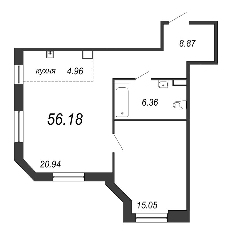 2-комнатная (Евро) квартира, 56.9 м² в ЖК "Alter" - планировка, фото №1