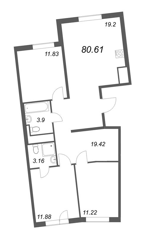 4-комнатная (Евро) квартира, 80.61 м² в ЖК "OKLA" - планировка, фото №1