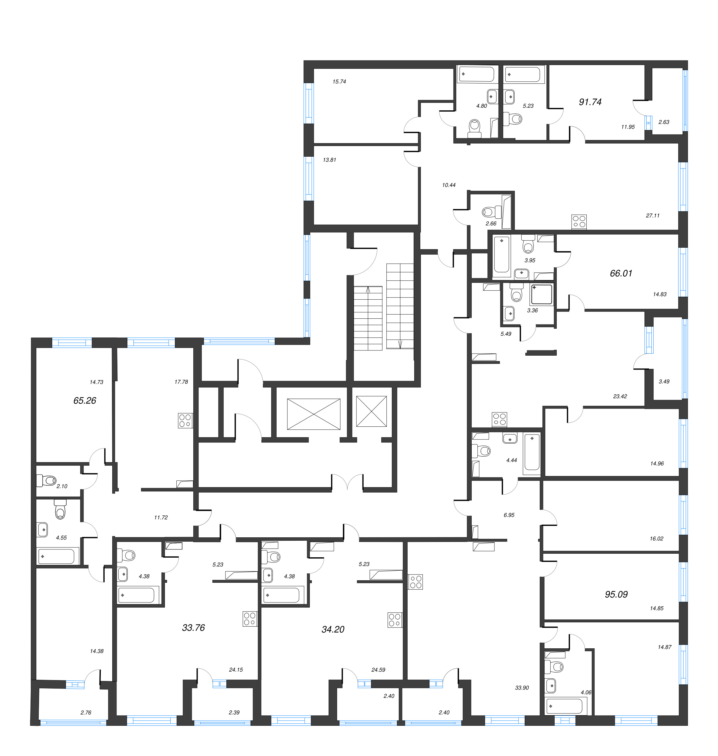 3-комнатная (Евро) квартира, 65.26 м² - планировка этажа