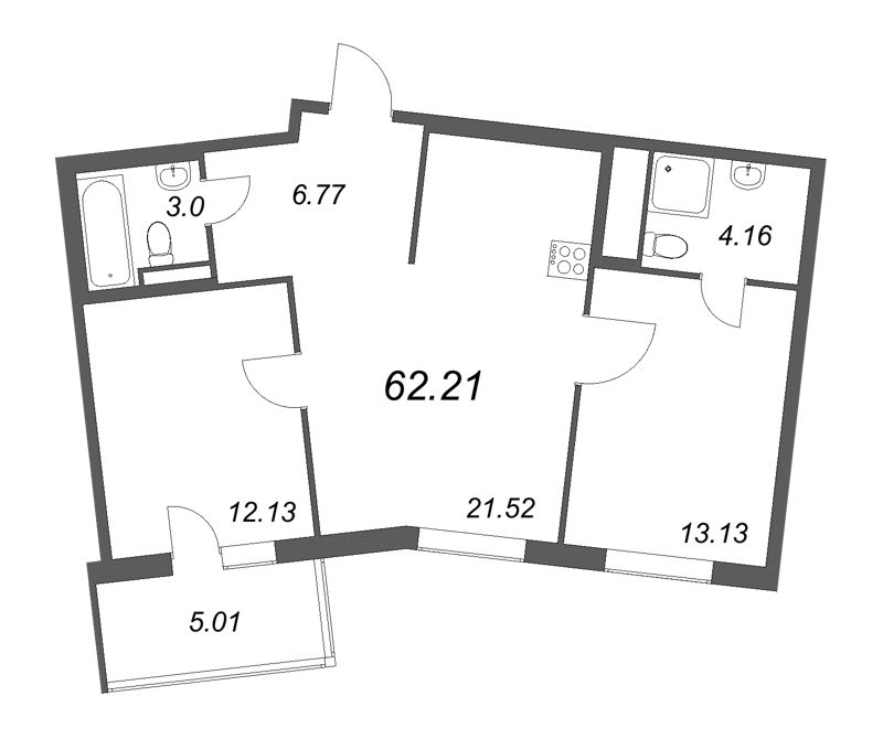3-комнатная (Евро) квартира, 65.71 м² в ЖК "OKLA" - планировка, фото №1