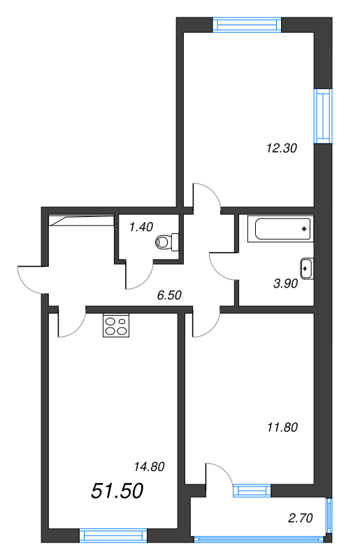 2-комнатная квартира, 51.5 м² - планировка, фото №1