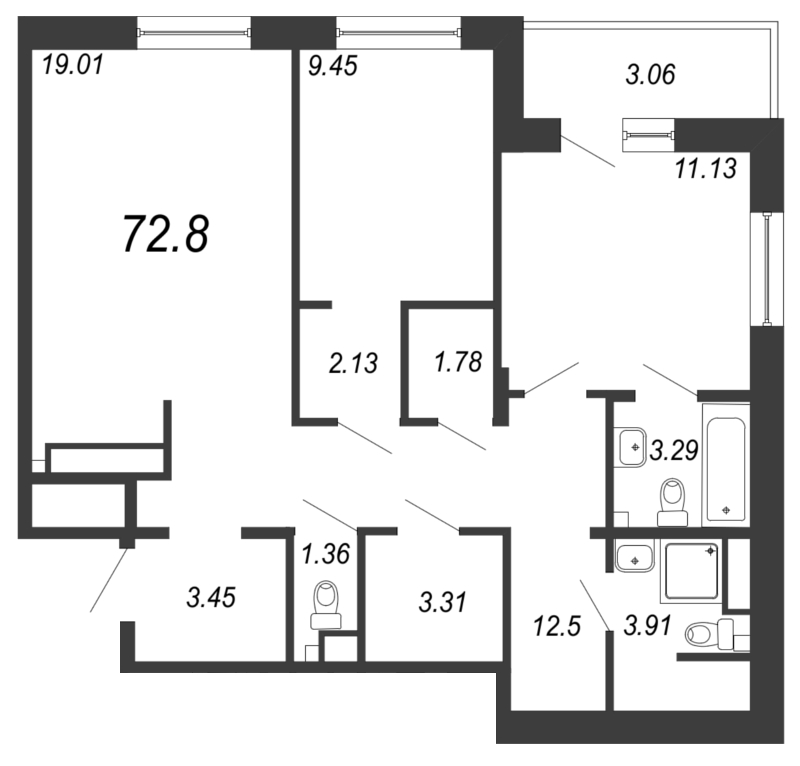 3-комнатная (Евро) квартира, 74.7 м² в ЖК "Белый остров" - планировка, фото №1