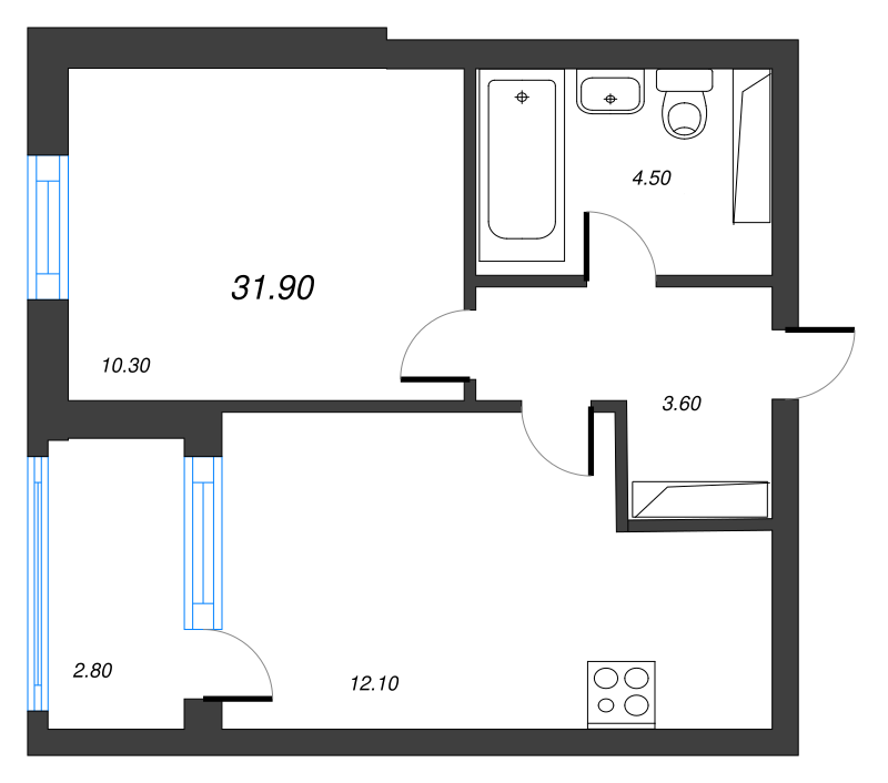 2-комнатная (Евро) квартира, 31.9 м² в ЖК "Тайм Сквер" - планировка, фото №1