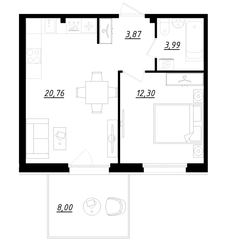 2-комнатная (Евро) квартира, 43.3 м² в ЖК "Счастье 2.0" - планировка, фото №1