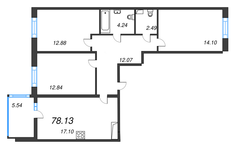 4-комнатная (Евро) квартира, 78.13 м² в ЖК "Аквилон Stories" - планировка, фото №1