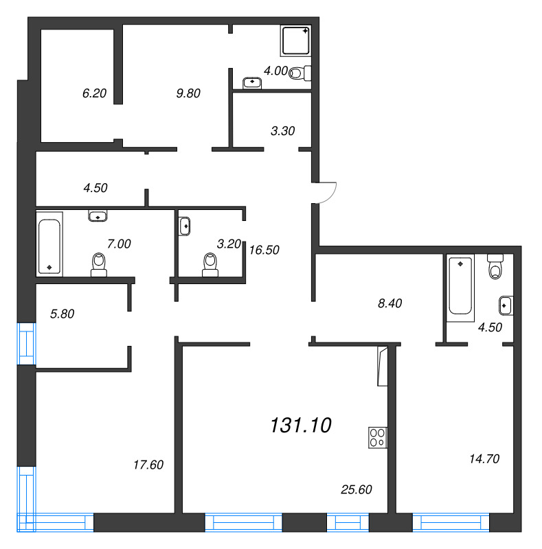 4-комнатная (Евро) квартира, 140.6 м² в ЖК "ЛДМ" - планировка, фото №1