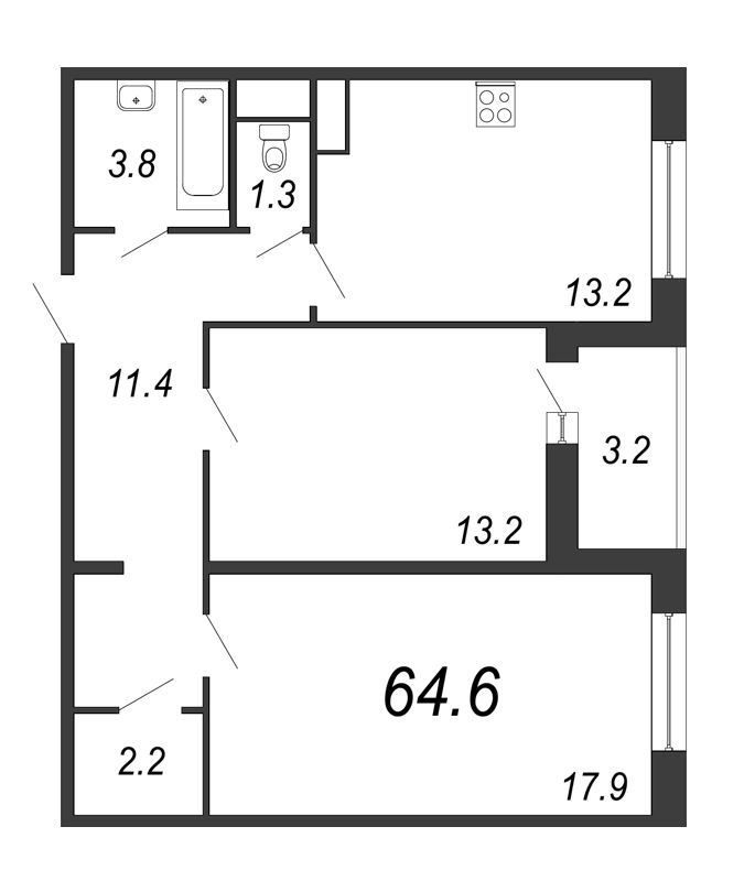 2-комнатная квартира, 64.5 м² в ЖК "Московские ворота II" - планировка, фото №1