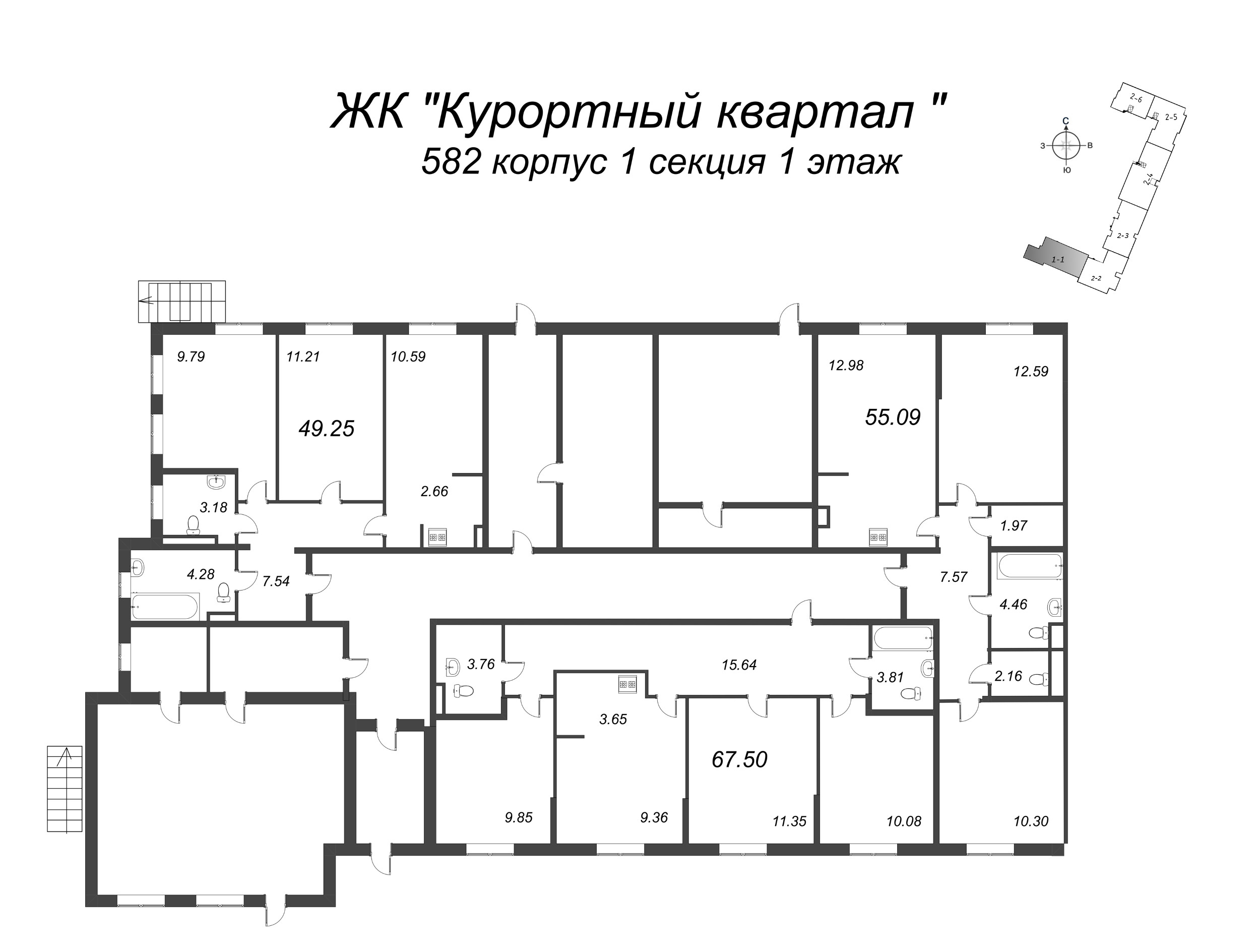2-комнатная квартира, 49.25 м² в ЖК "Курортный Квартал" - планировка этажа