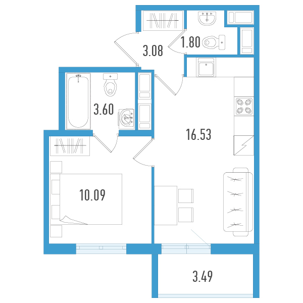 2-комнатная (Евро) квартира, 36.14 м² в ЖК "AEROCITY" - планировка, фото №1
