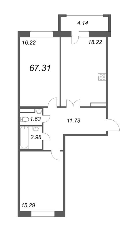 3-комнатная (Евро) квартира, 67.31 м² в ЖК "Modum" - планировка, фото №1