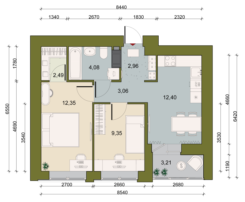2-комнатная квартира, 48.98 м² в ЖК "Уютный" - планировка, фото №1