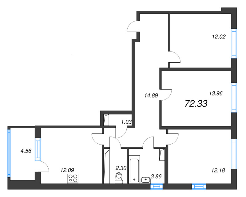 3-комнатная квартира, 72.33 м² в ЖК "ЮгТаун" - планировка, фото №1