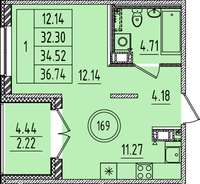 1-комнатная квартира, 32.3 м² в ЖК "Образцовый квартал 14" - планировка, фото №1