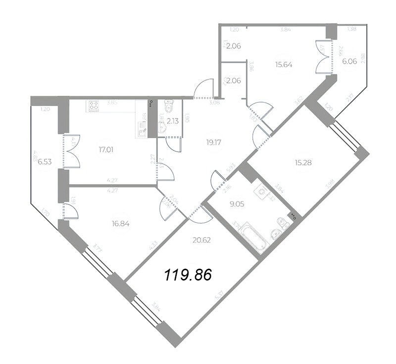 5-комнатная (Евро) квартира, 126.15 м² в ЖК "Огни Залива" - планировка, фото №1