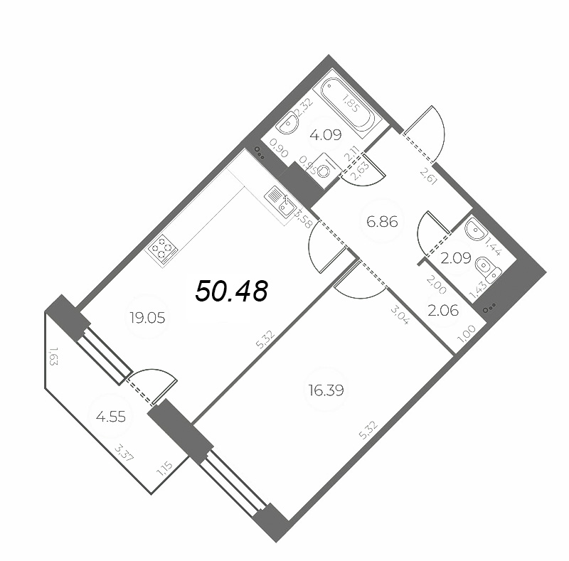 2-комнатная (Евро) квартира, 51.84 м² в ЖК "Огни Залива" - планировка, фото №1