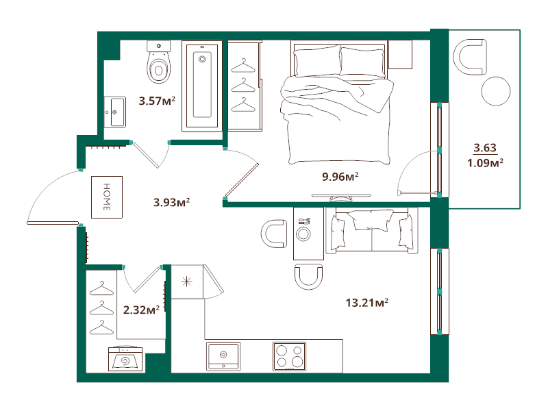 1-комнатная квартира, 34.08 м² в ЖК "ЛесArt" - планировка, фото №1