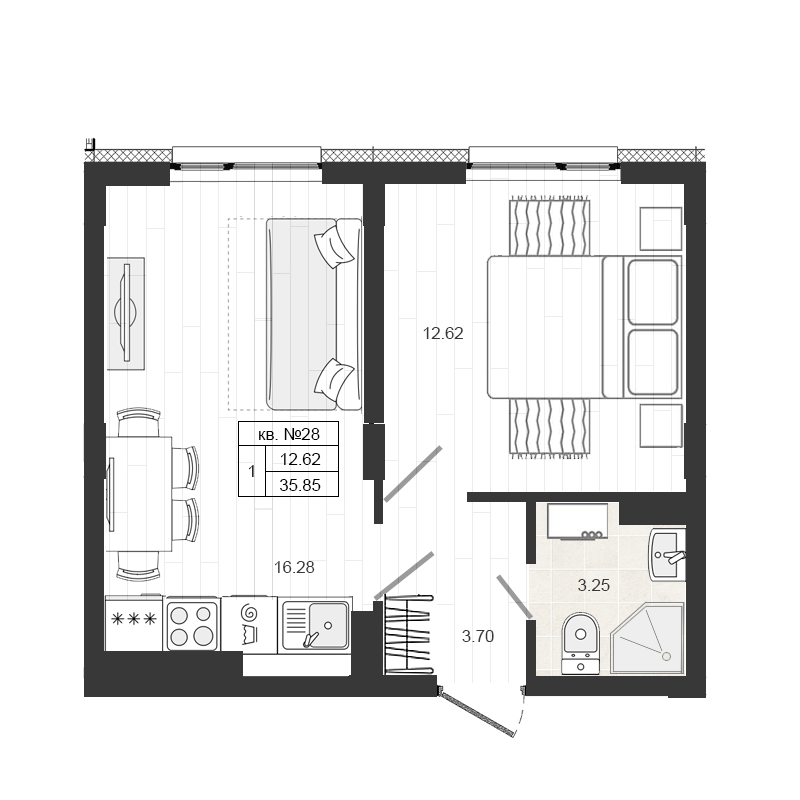2-комнатная (Евро) квартира, 36 м² в ЖК "Верево Сити" - планировка, фото №1