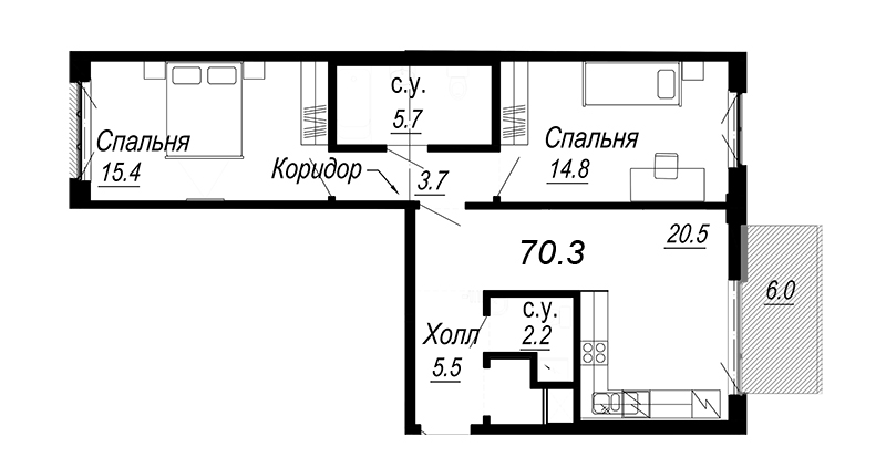 3-комнатная (Евро) квартира, 70.3 м² в ЖК "Meltzer Hall" - планировка, фото №1