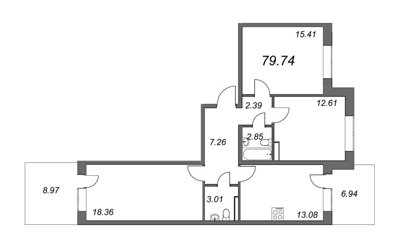 3-комнатная квартира, 80.8 м² в ЖК "Счастье 2.0" - планировка, фото №1
