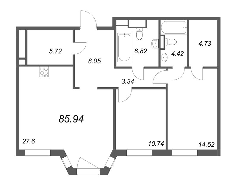 3-комнатная (Евро) квартира, 85.94 м² в ЖК "Большой, 67" - планировка, фото №1