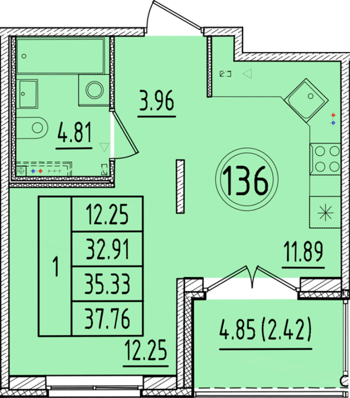 1-комнатная квартира, 32.91 м² в ЖК "Образцовый квартал 17" - планировка, фото №1