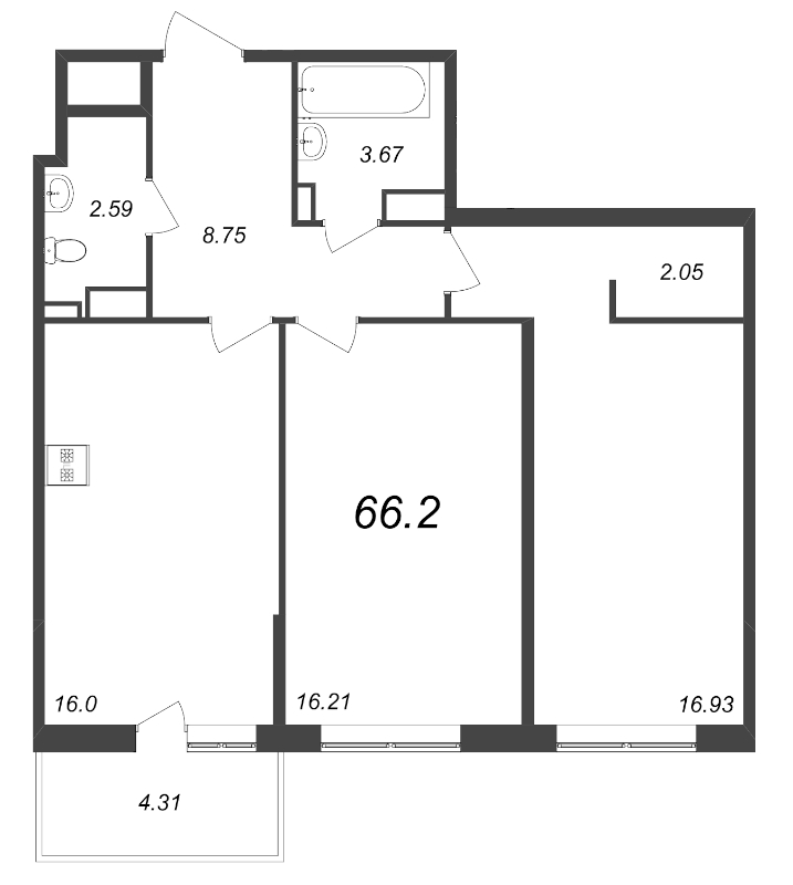 2-комнатная квартира, 66.2 м² в ЖК "Чёрная речка от Ильича" - планировка, фото №1