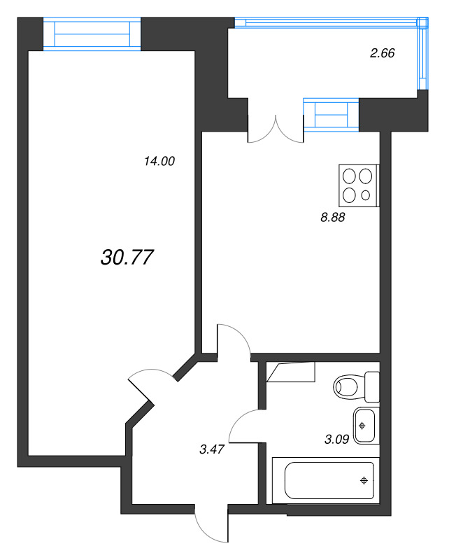 1-комнатная квартира, 30.77 м² - планировка, фото №1