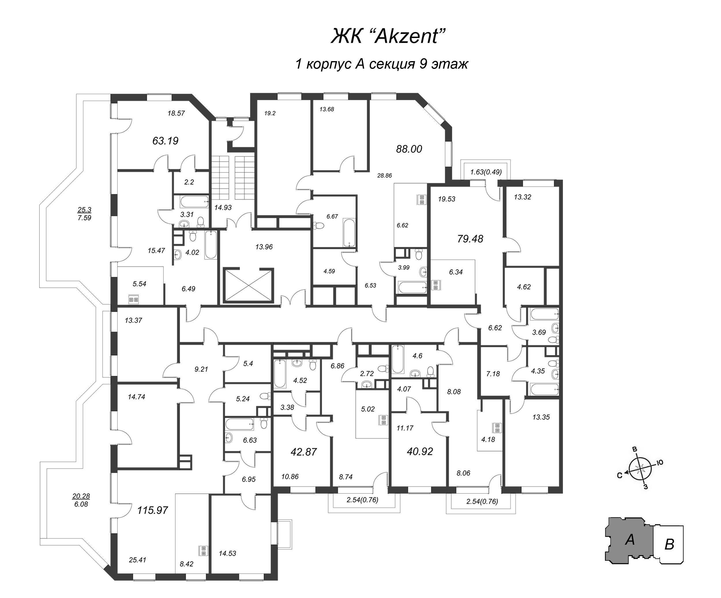 3-комнатная (Евро) квартира, 63.19 м² в ЖК "Akzent" - планировка этажа